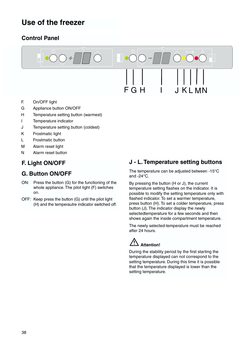 Use of the freezer, Control panel j - l. temperature setting buttons, F. light on/off g. button on/off | DE DIETRICH DKH876 User Manual | Page 38 / 60