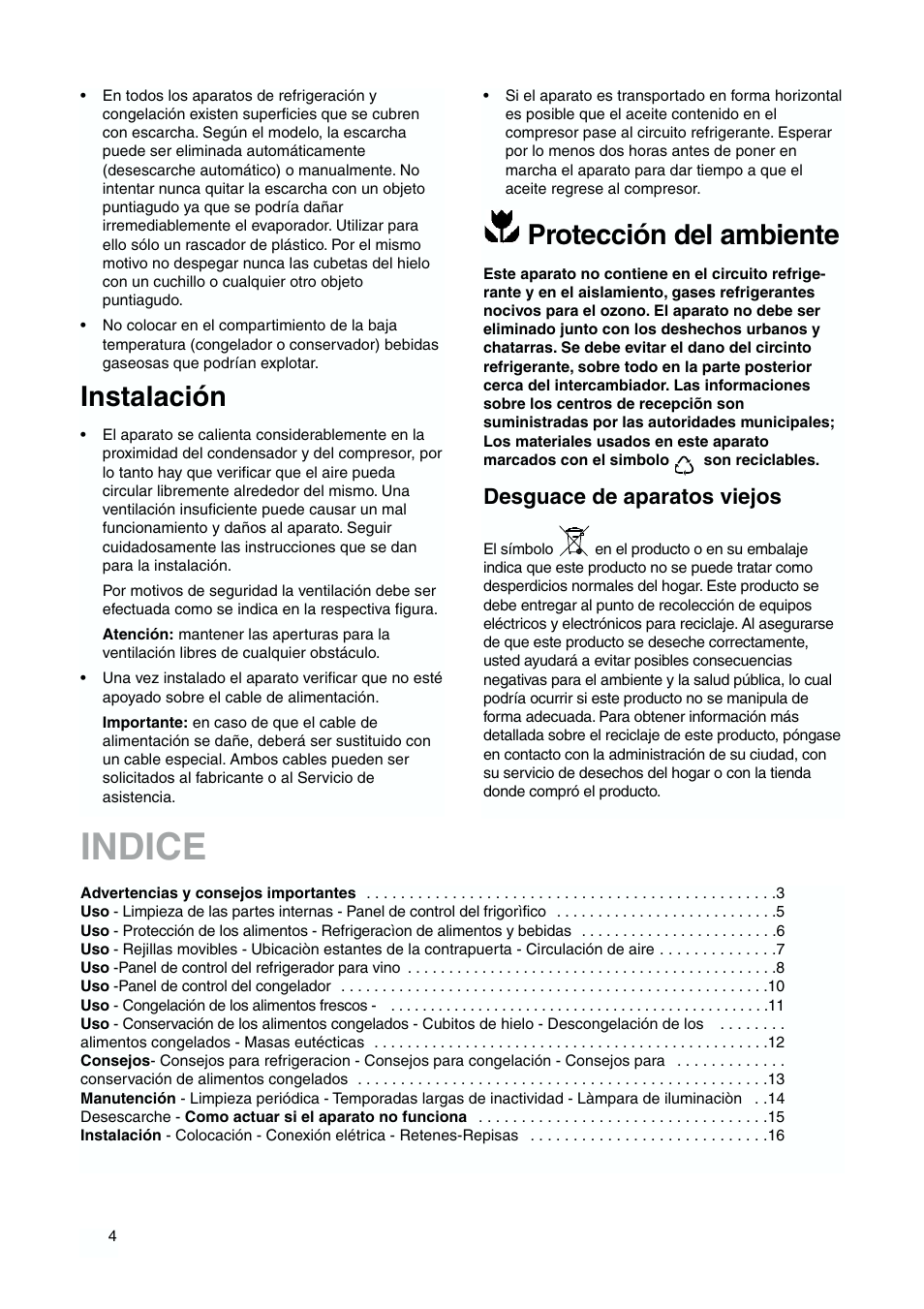 Indice, Protección del ambiente, Instalación | Desguace de aparatos viejos | DE DIETRICH DKH876 User Manual | Page 4 / 60