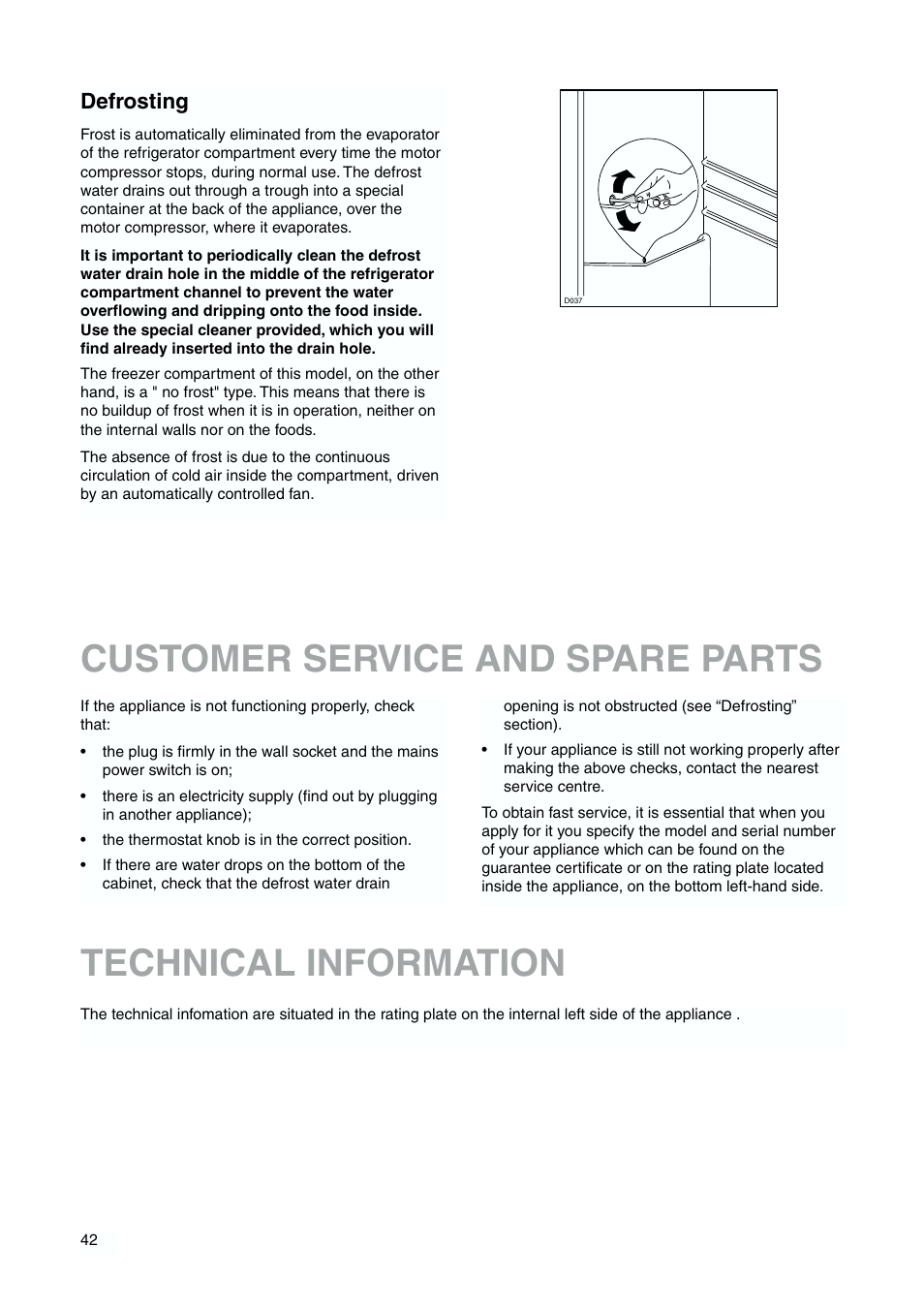 Customer service and spare parts, Technical information, Defrosting | DE DIETRICH DKH876 User Manual | Page 42 / 60
