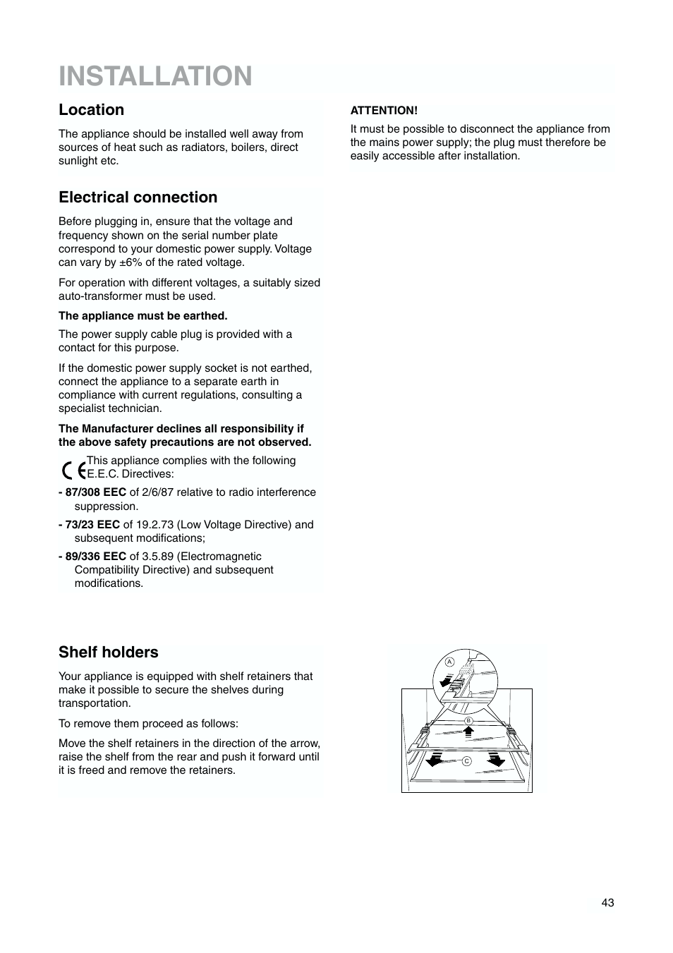 Installation, Location, Electrical connection | Shelf holders | DE DIETRICH DKH876 User Manual | Page 43 / 60