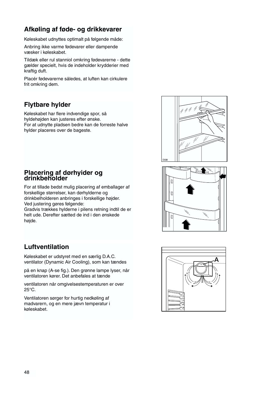 Flytbare hylder, Placering af dørhyider og drinkbeholder, Afkøling af føde- og drikkevarer | Luftventilation | DE DIETRICH DKH876 User Manual | Page 48 / 60