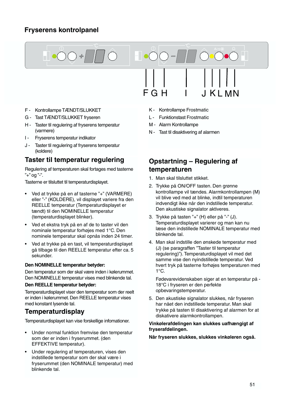 Taster til temperatur regulering, Temperaturdisplay, Opstartning – regulering af temperaturen | Fryserens kontrolpanel | DE DIETRICH DKH876 User Manual | Page 51 / 60