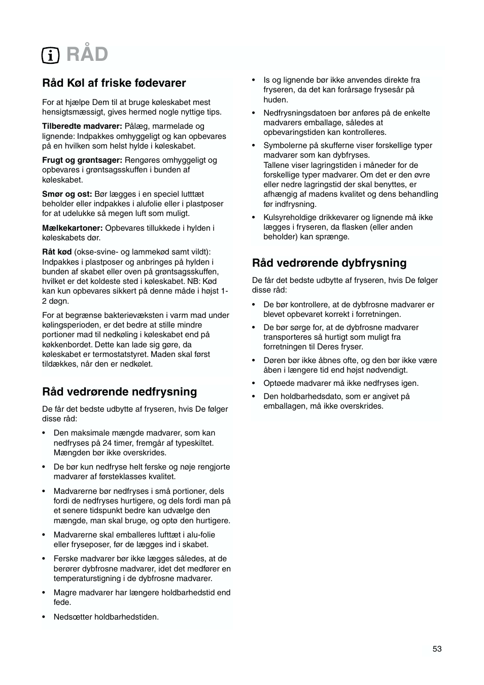 Råd vedrørende dybfrysning, Råd køl af friske fødevarer, Råd vedrørende nedfrysning | DE DIETRICH DKH876 User Manual | Page 53 / 60