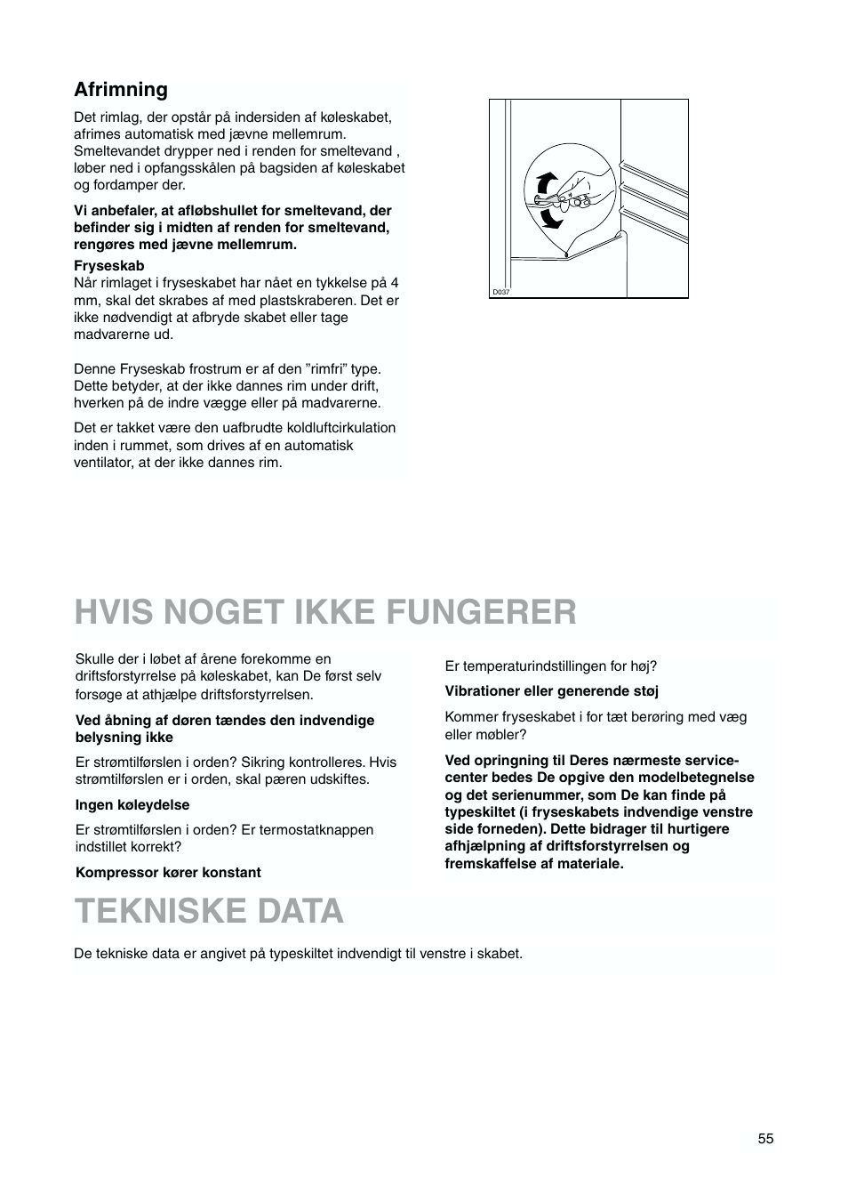 Hvis noget ikke fungerer, Tekniske data, Afrimning | DE DIETRICH DKH876 User Manual | Page 55 / 60