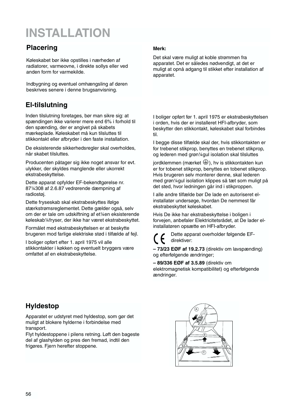 Installation, Placering, Hyldestop | El-tilslutning | DE DIETRICH DKH876 User Manual | Page 56 / 60