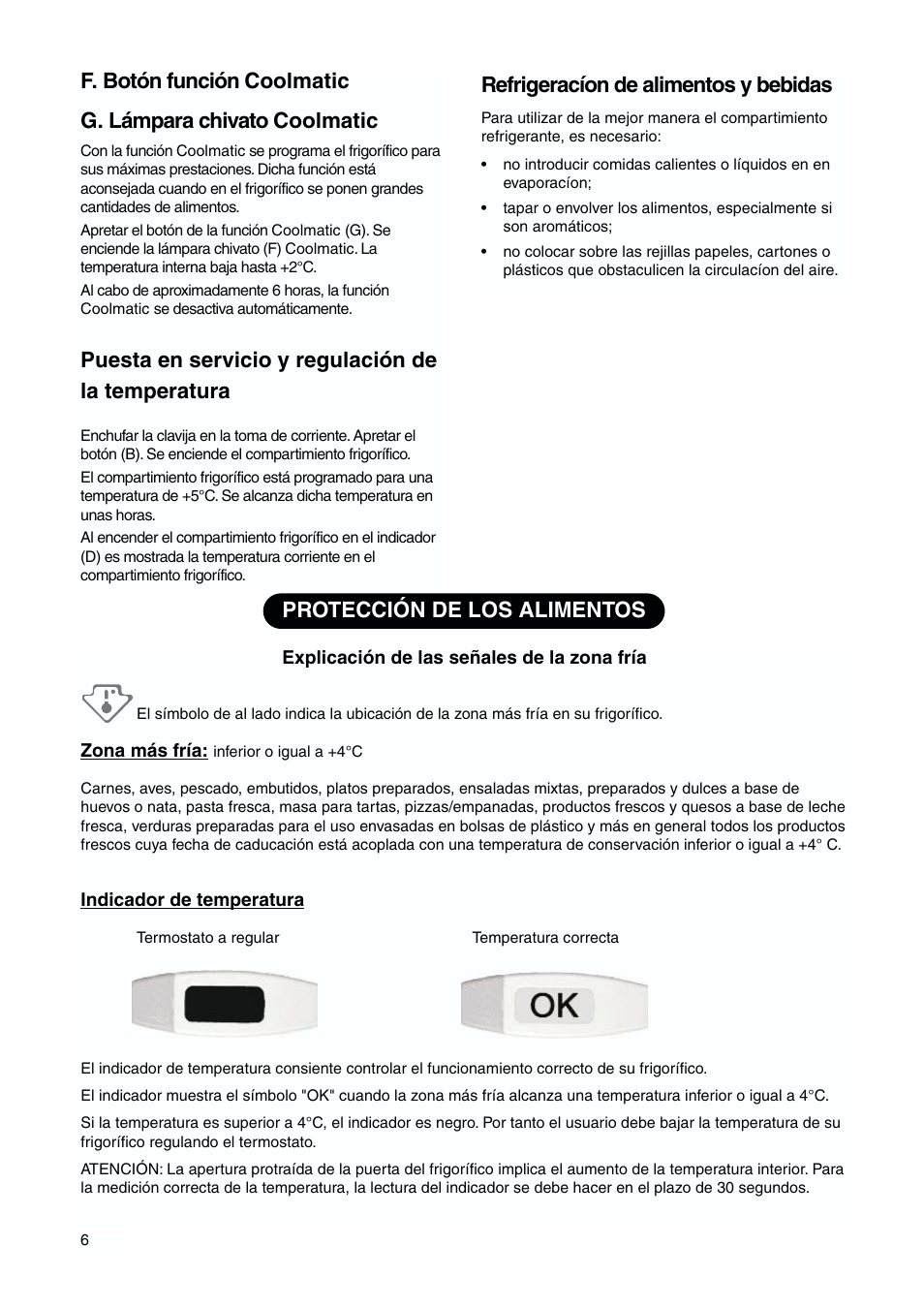 Puesta en servicio y regulación de la temperatura, Refrigeracíon de alimentos y bebidas, Protección de los alimentos | DE DIETRICH DKH876 User Manual | Page 6 / 60