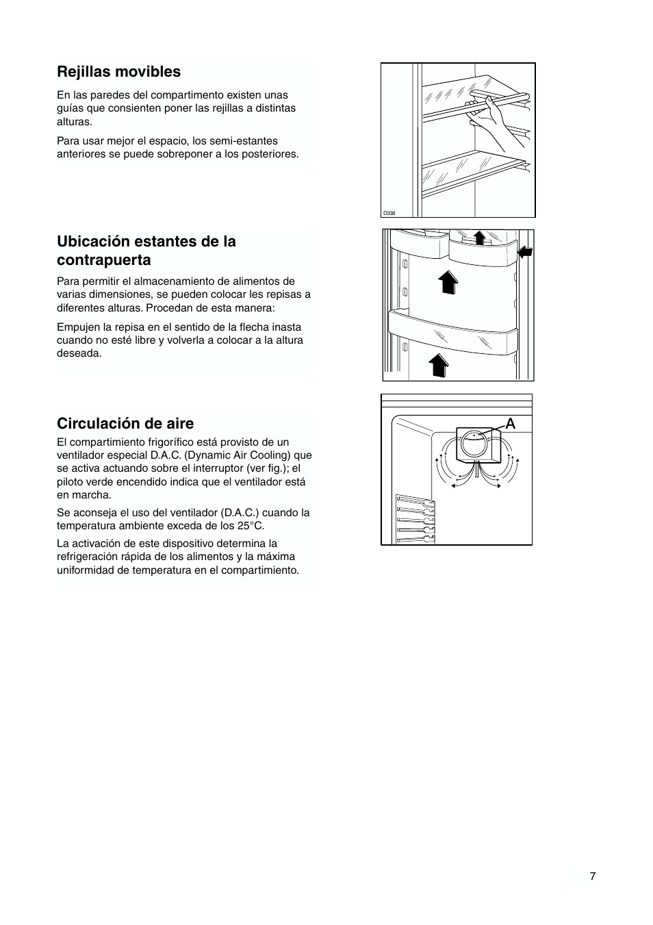 Circulación de aire, Rejillas movibles, Ubicación estantes de la contrapuerta | DE DIETRICH DKH876 User Manual | Page 7 / 60