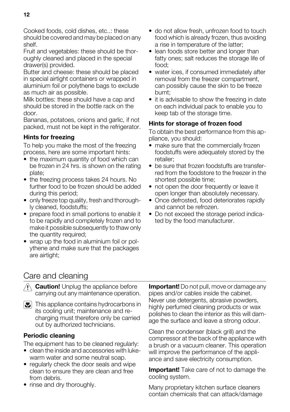 Care and cleaning | DE DIETRICH DKH876 User Manual | Page 12 / 20
