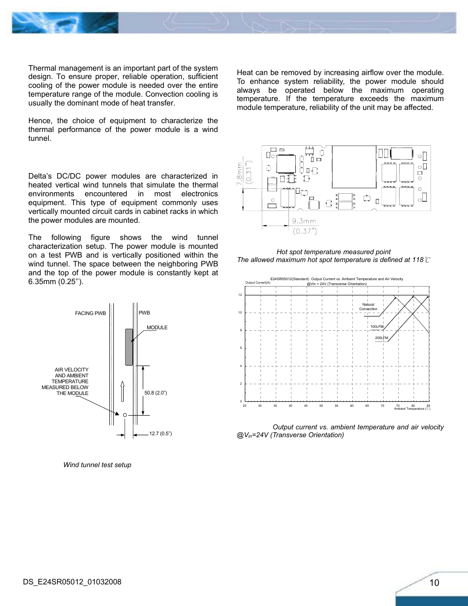 Thermal considerations, Thermal curves, Thermal testing setup | Thermal derating | Delta Electronics Delphi Series E24SR User Manual | Page 10 / 15