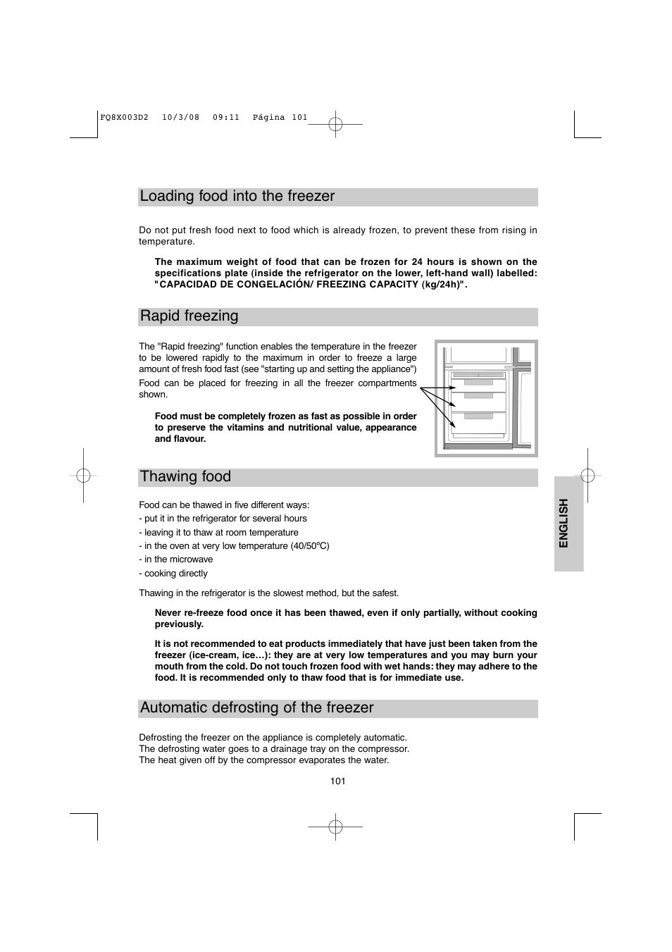 Thawing food automatic defrosting of the freezer, Rapid freezing loading food into the freezer | DE DIETRICH DKP821_823_825_833_837 User Manual | Page 101 / 108