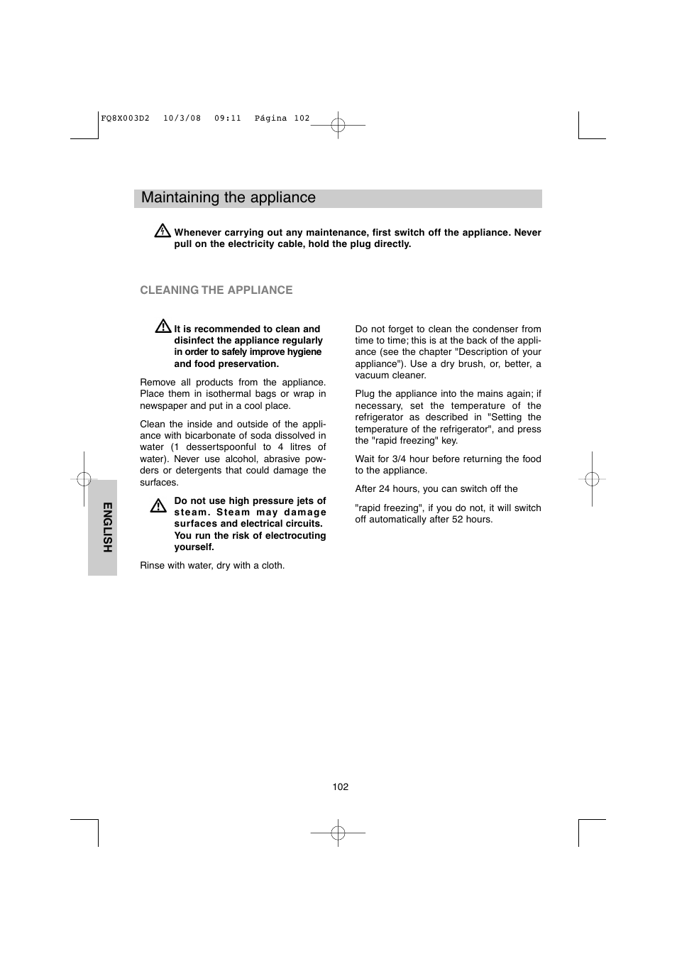 Maintaining the appliance | DE DIETRICH DKP821_823_825_833_837 User Manual | Page 102 / 108