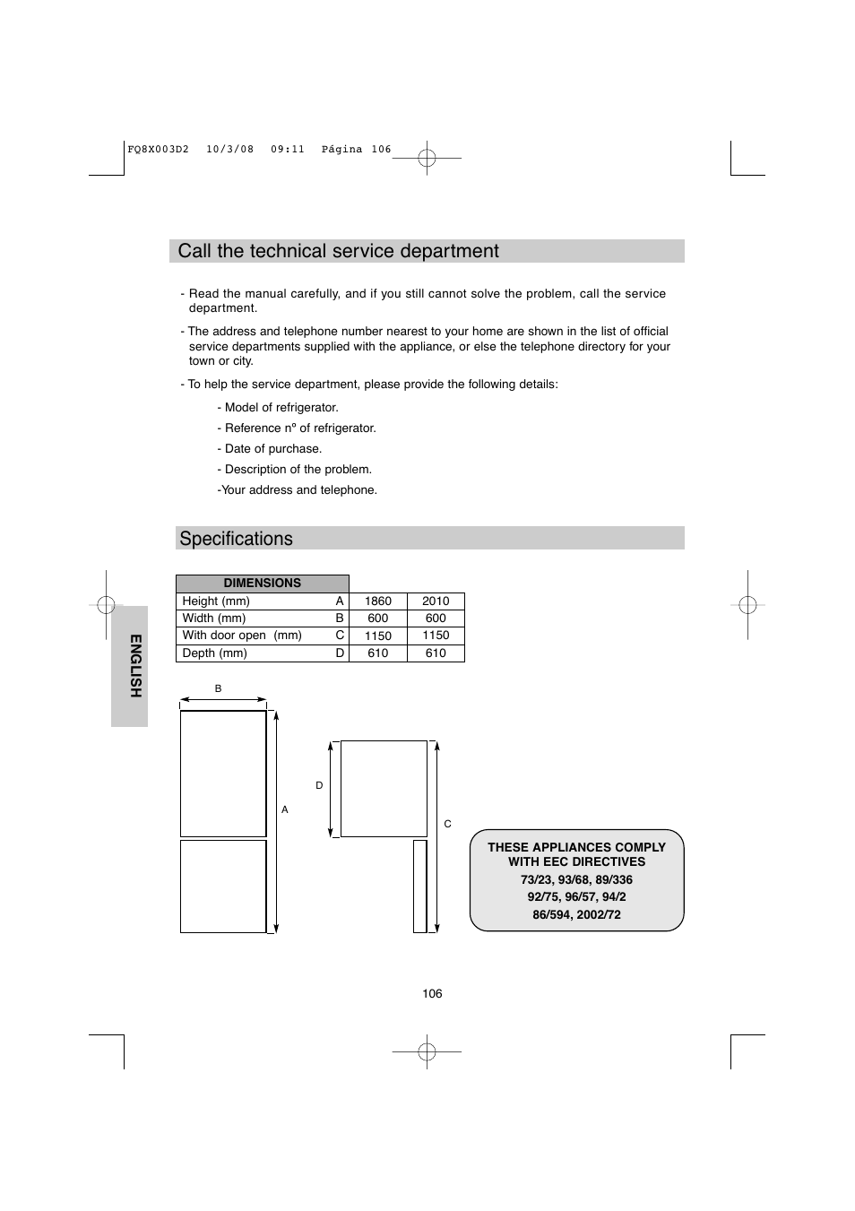 Call the technical service department, Specifications | DE DIETRICH DKP821_823_825_833_837 User Manual | Page 106 / 108