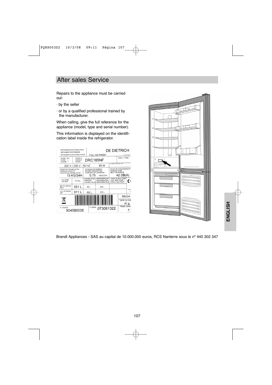 After sales service | DE DIETRICH DKP821_823_825_833_837 User Manual | Page 107 / 108