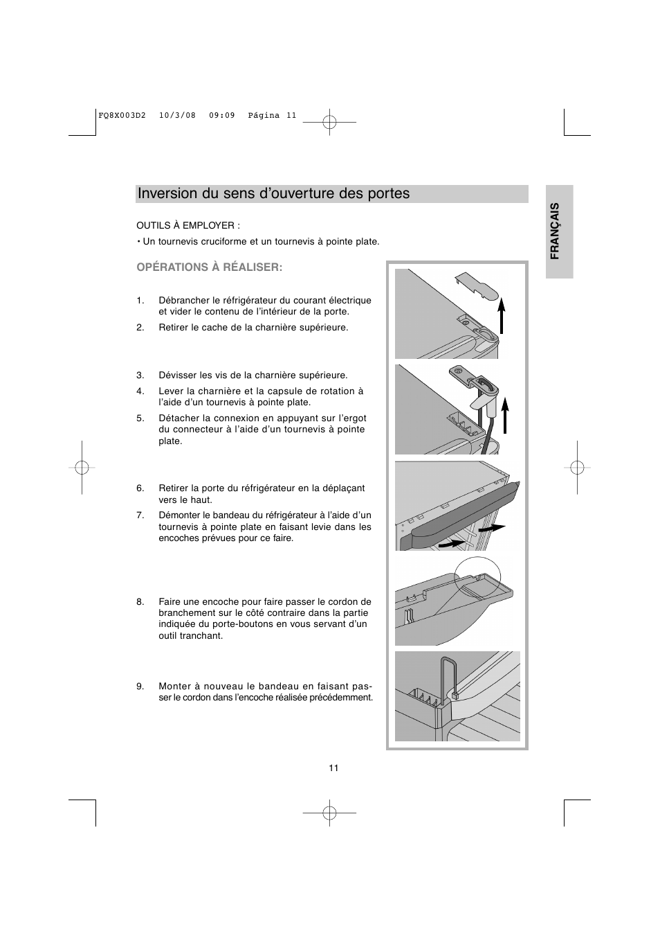 Inversion du sens d’ouverture des portes | DE DIETRICH DKP821_823_825_833_837 User Manual | Page 11 / 108