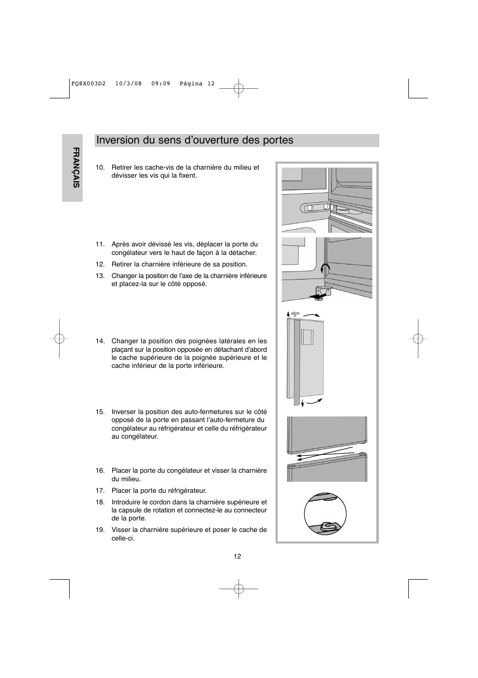 Inversion du sens d’ouverture des portes | DE DIETRICH DKP821_823_825_833_837 User Manual | Page 12 / 108