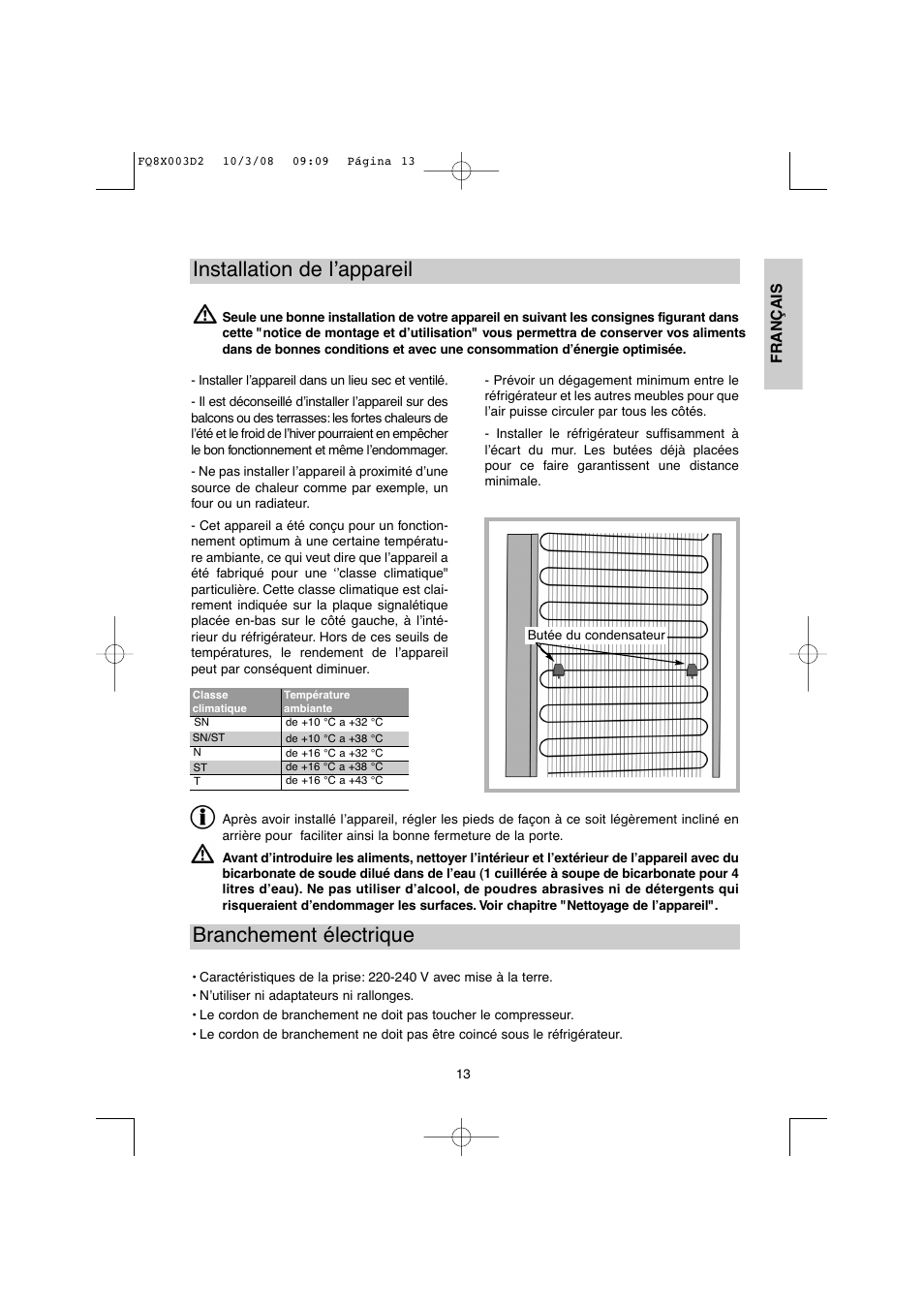 Installation de l’appareil, Branchement électrique | DE DIETRICH DKP821_823_825_833_837 User Manual | Page 13 / 108