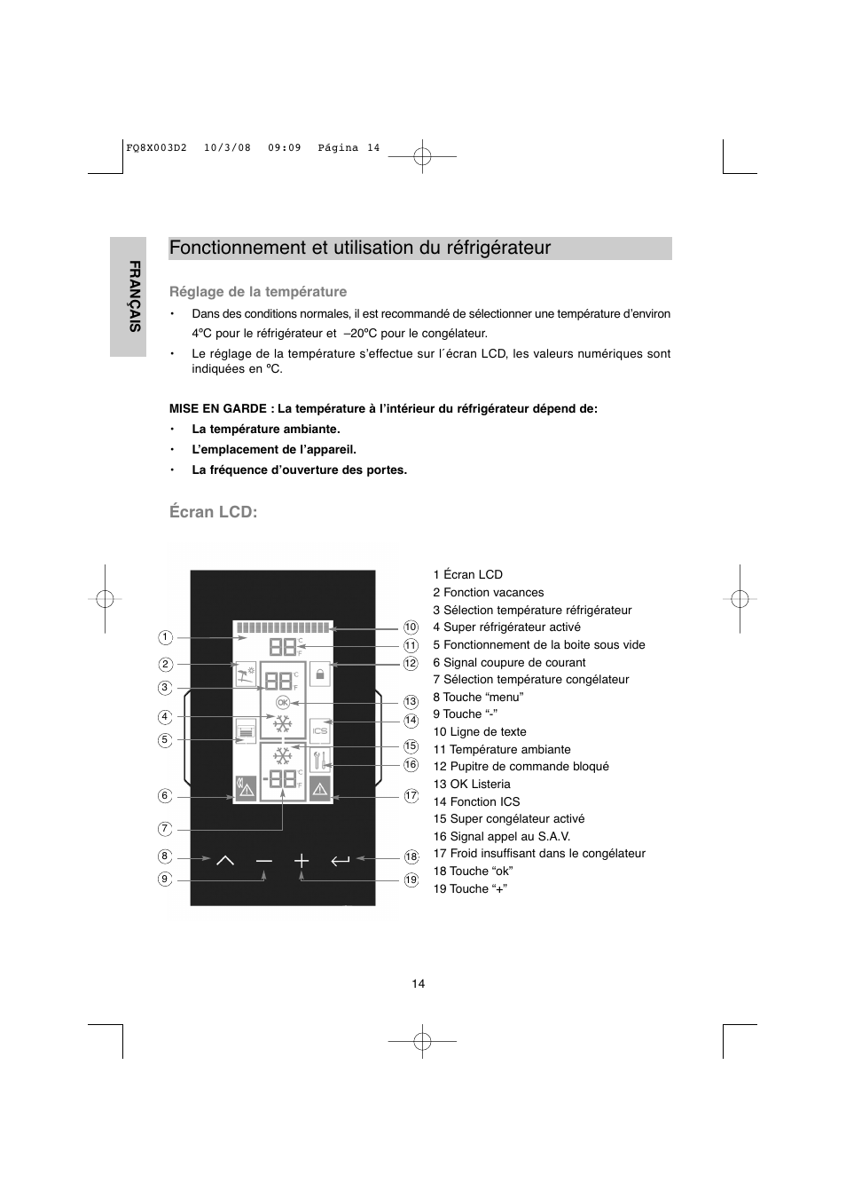 Fonctionnement et utilisation du réfrigérateur, Écran lcd | DE DIETRICH DKP821_823_825_833_837 User Manual | Page 14 / 108