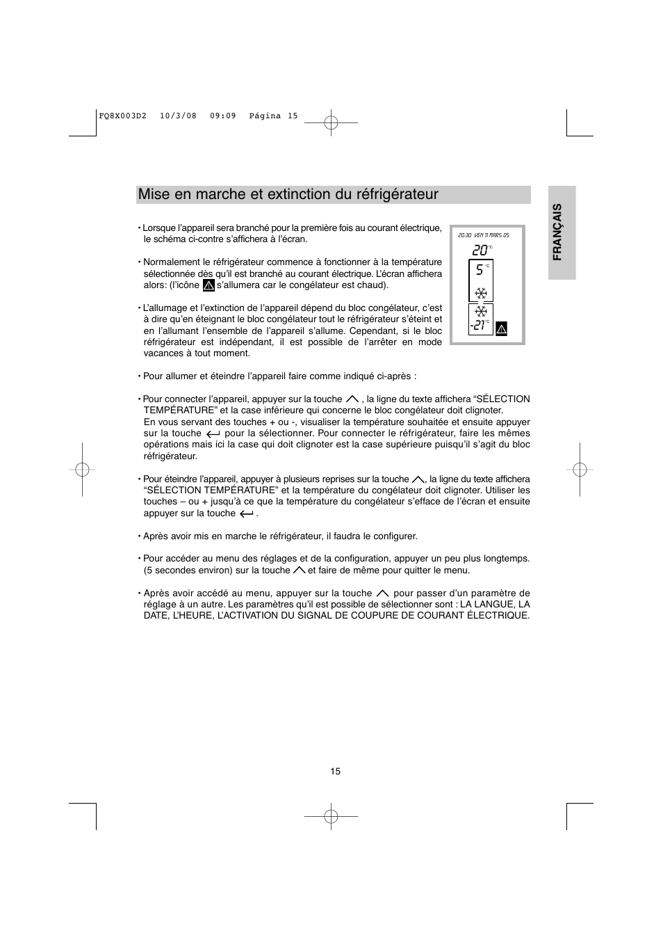 Mise en marche et extinction du réfrigérateur | DE DIETRICH DKP821_823_825_833_837 User Manual | Page 15 / 108