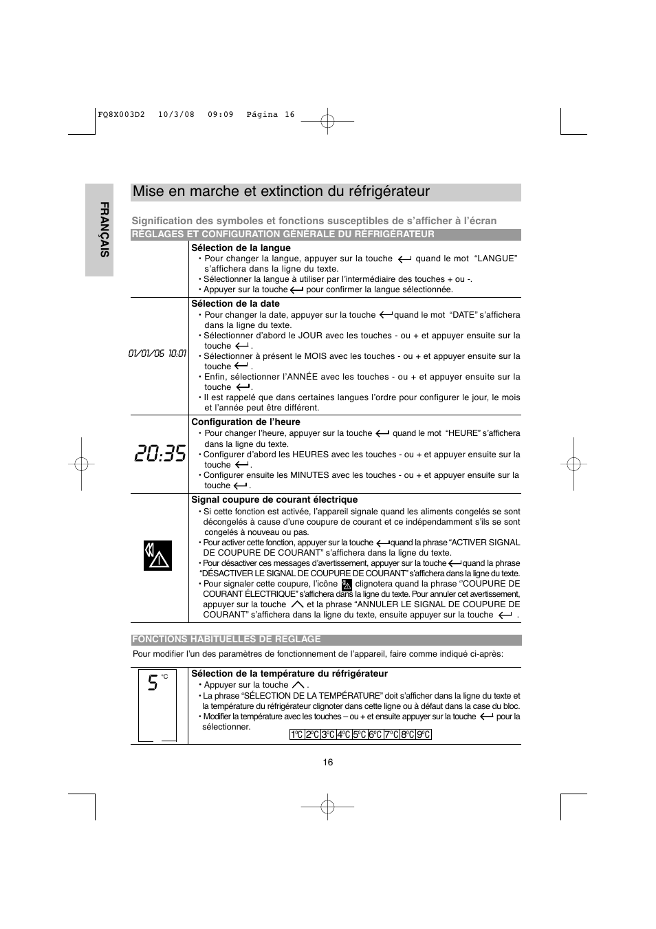 Mise en marche et extinction du réfrigérateur | DE DIETRICH DKP821_823_825_833_837 User Manual | Page 16 / 108