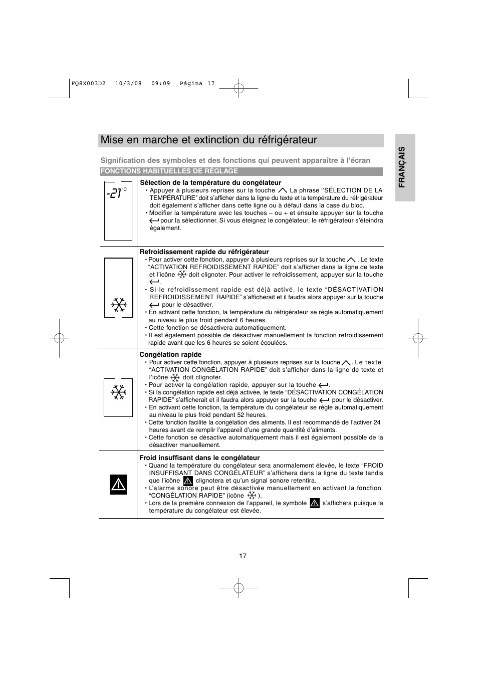 Mise en marche et extinction du réfrigérateur | DE DIETRICH DKP821_823_825_833_837 User Manual | Page 17 / 108