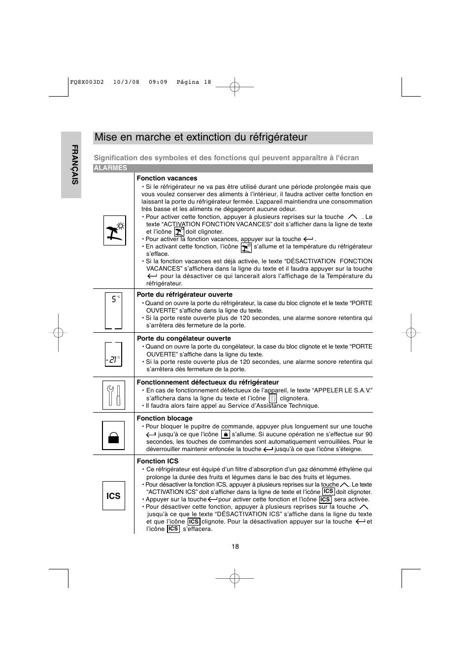 Mise en marche et extinction du réfrigérateur | DE DIETRICH DKP821_823_825_833_837 User Manual | Page 18 / 108