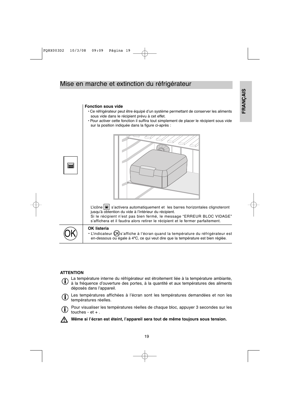 Mise en marche et extinction du réfrigérateur | DE DIETRICH DKP821_823_825_833_837 User Manual | Page 19 / 108