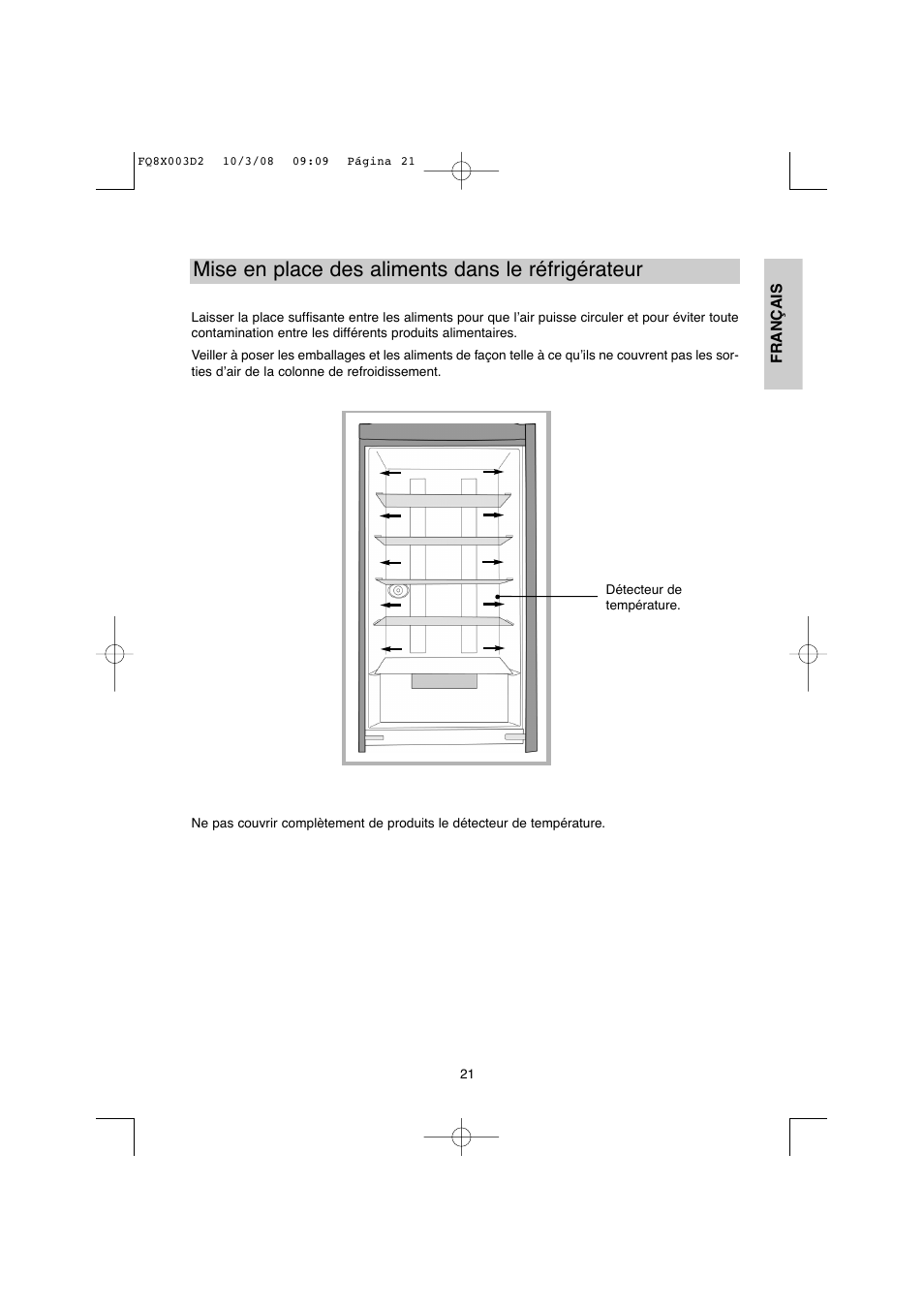 Mise en place des aliments dans le réfrigérateur | DE DIETRICH DKP821_823_825_833_837 User Manual | Page 21 / 108