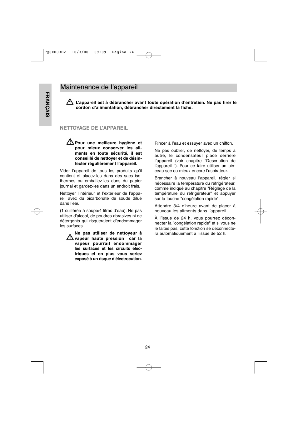 Maintenance de l’appareil | DE DIETRICH DKP821_823_825_833_837 User Manual | Page 24 / 108