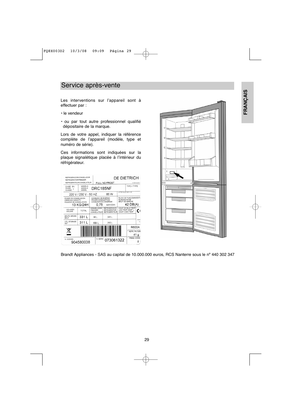 Service après-vente | DE DIETRICH DKP821_823_825_833_837 User Manual | Page 29 / 108