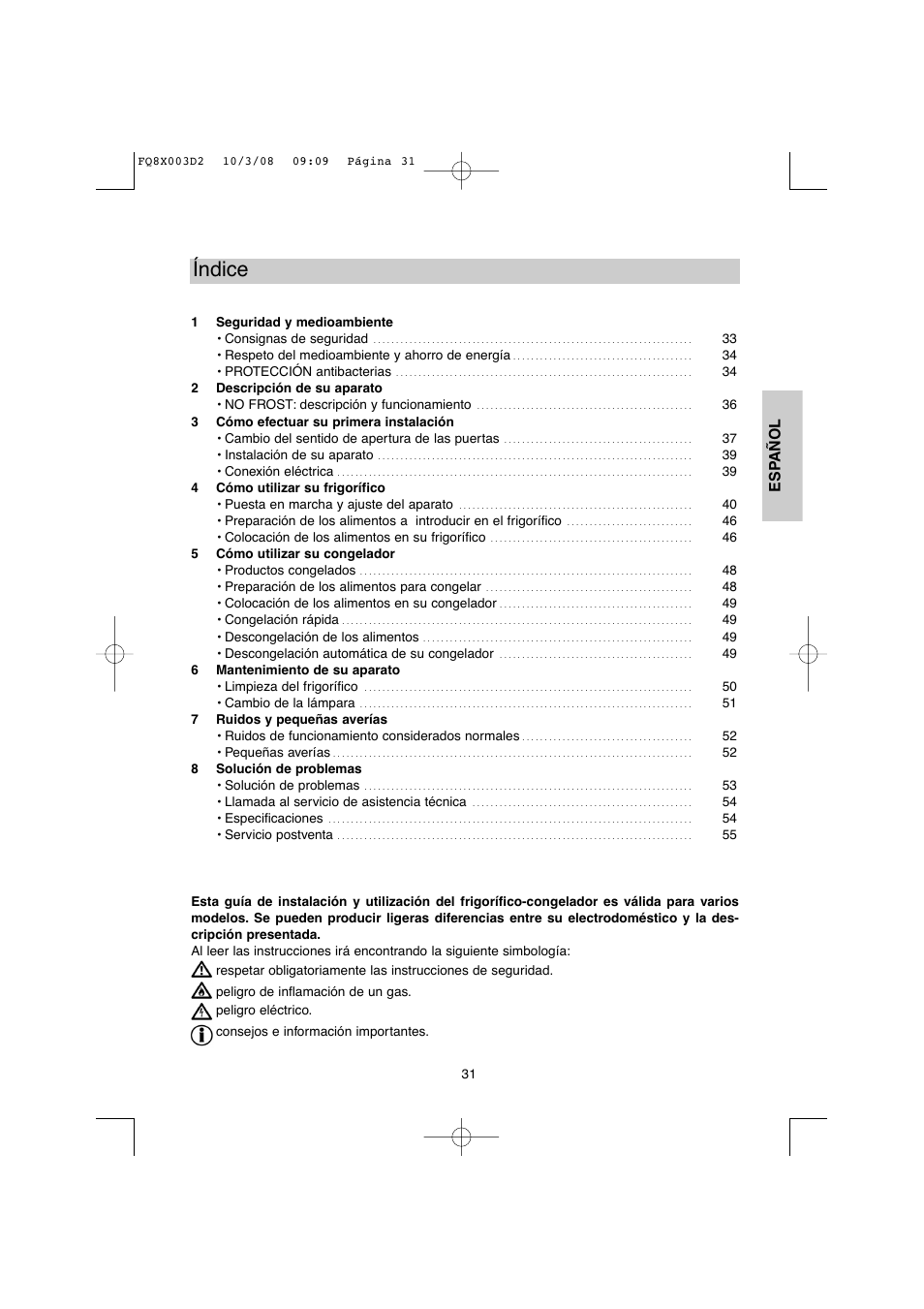 Índice, Esp añol | DE DIETRICH DKP821_823_825_833_837 User Manual | Page 31 / 108