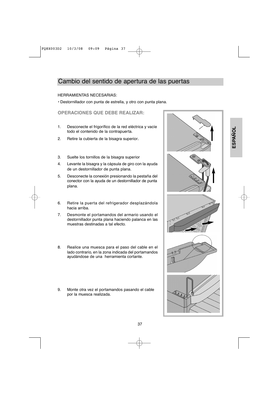 Cambio del sentido de apertura de las puertas | DE DIETRICH DKP821_823_825_833_837 User Manual | Page 37 / 108