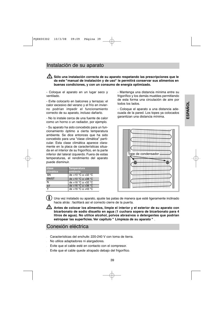 Instalación de su aparato, Conexión eléctrica | DE DIETRICH DKP821_823_825_833_837 User Manual | Page 39 / 108