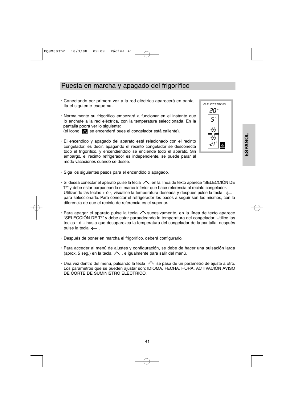 Puesta en marcha y apagado del frigorífico | DE DIETRICH DKP821_823_825_833_837 User Manual | Page 41 / 108