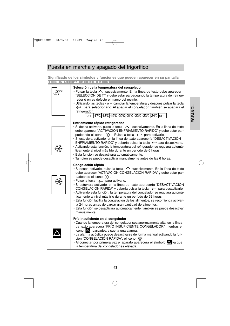 Puesta en marcha y apagado del frigorífico | DE DIETRICH DKP821_823_825_833_837 User Manual | Page 43 / 108