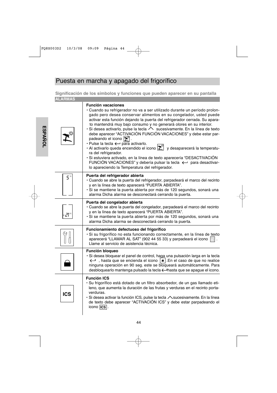 Puesta en marcha y apagado del frigorífico | DE DIETRICH DKP821_823_825_833_837 User Manual | Page 44 / 108