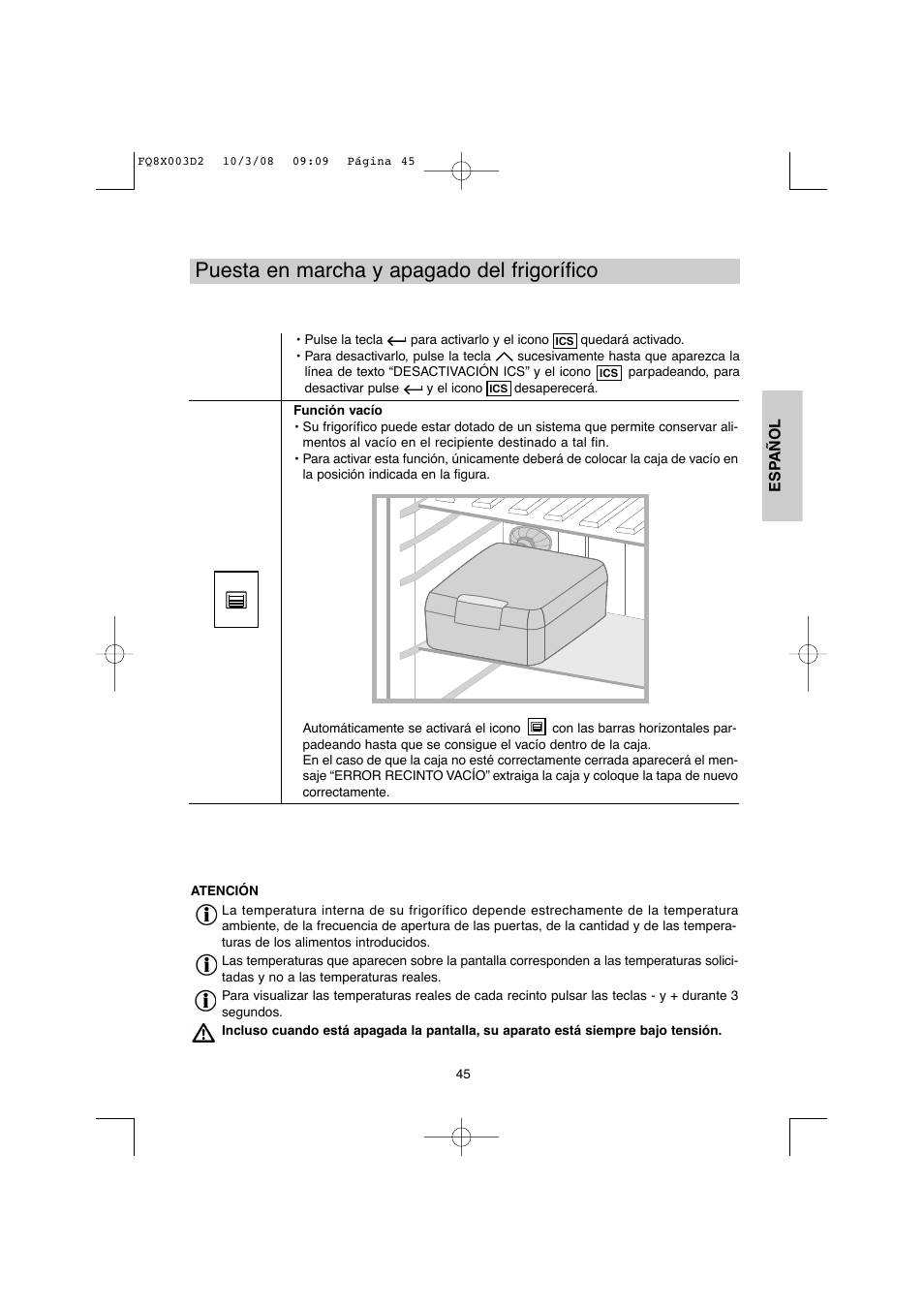 Puesta en marcha y apagado del frigorífico | DE DIETRICH DKP821_823_825_833_837 User Manual | Page 45 / 108