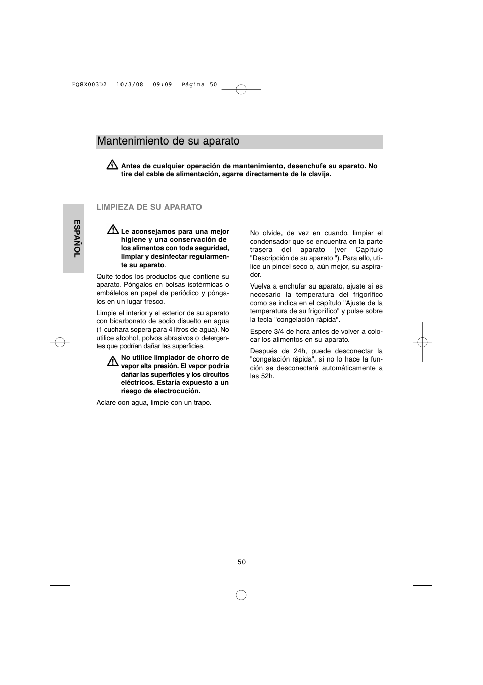 Mantenimiento de su aparato | DE DIETRICH DKP821_823_825_833_837 User Manual | Page 50 / 108