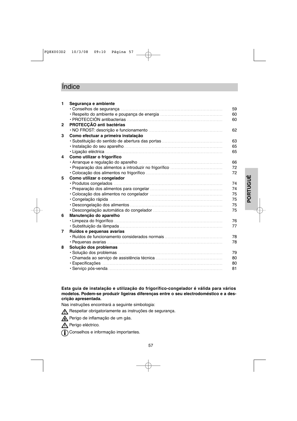 Índice, Por tuguê | DE DIETRICH DKP821_823_825_833_837 User Manual | Page 57 / 108