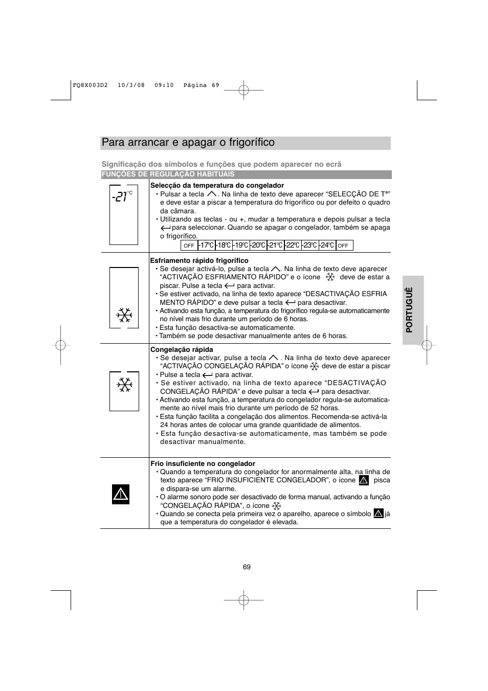 Para arrancar e apagar o frigorífico | DE DIETRICH DKP821_823_825_833_837 User Manual | Page 69 / 108