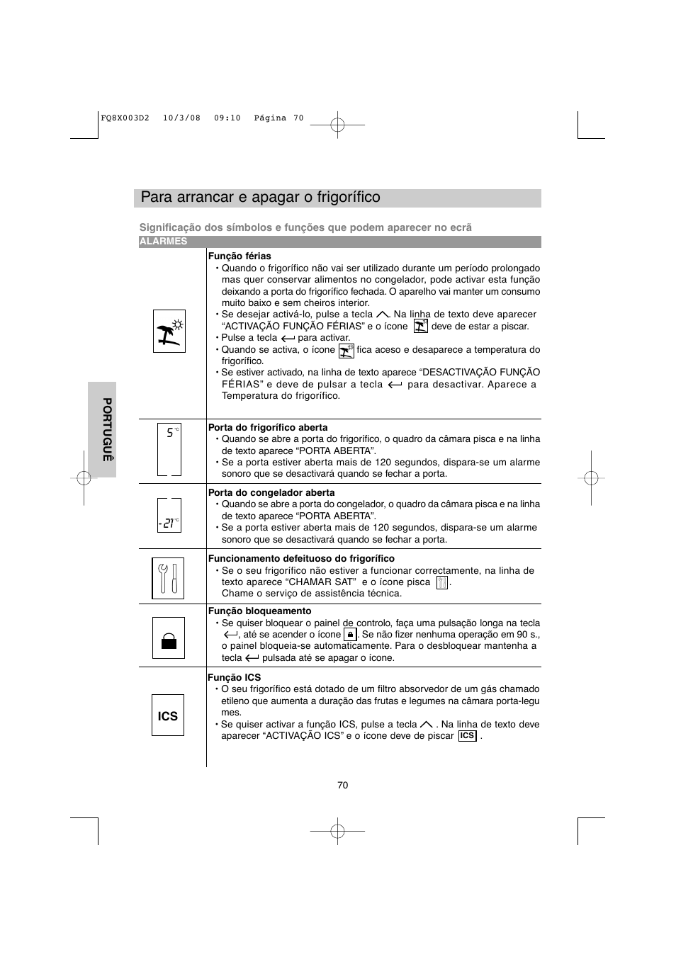 Para arrancar e apagar o frigorífico | DE DIETRICH DKP821_823_825_833_837 User Manual | Page 70 / 108