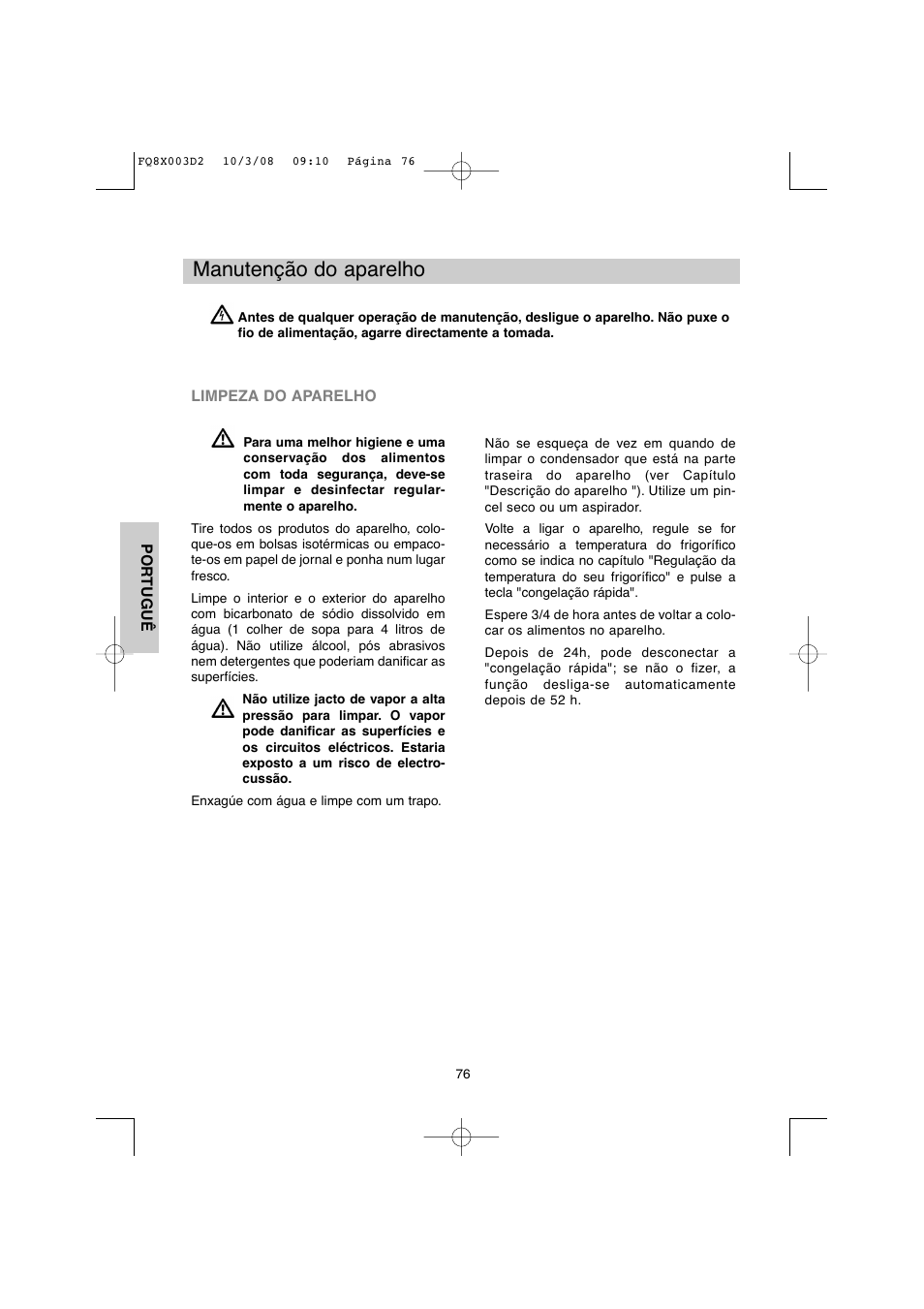 Manutenção do aparelho | DE DIETRICH DKP821_823_825_833_837 User Manual | Page 76 / 108