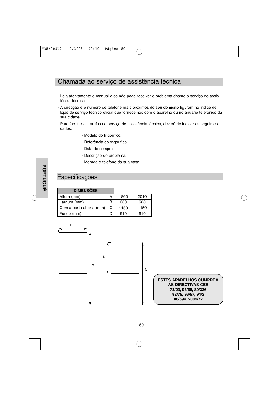 Chamada ao serviço de assistência técnica, Especificações | DE DIETRICH DKP821_823_825_833_837 User Manual | Page 80 / 108