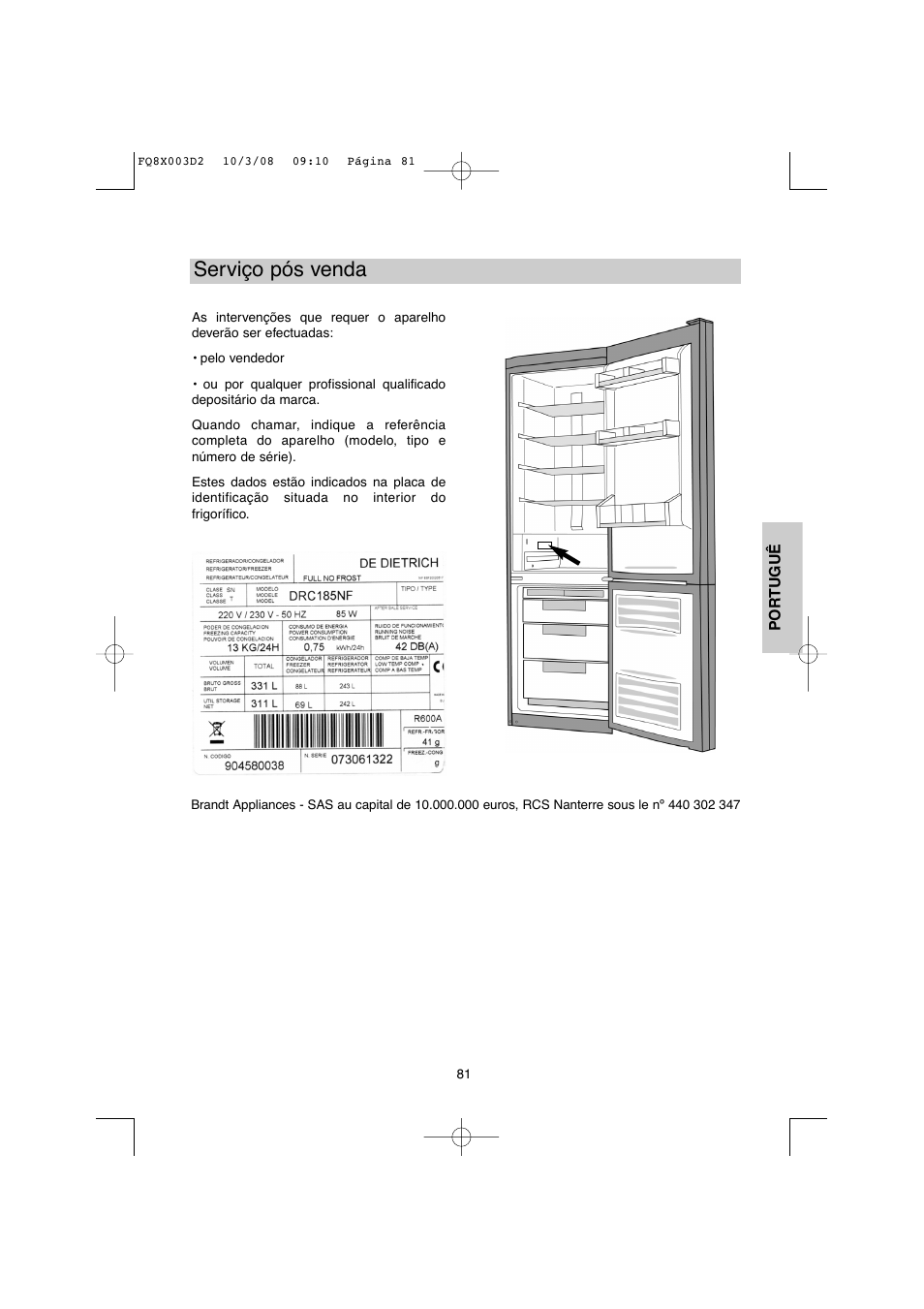 Serviço pós venda | DE DIETRICH DKP821_823_825_833_837 User Manual | Page 81 / 108