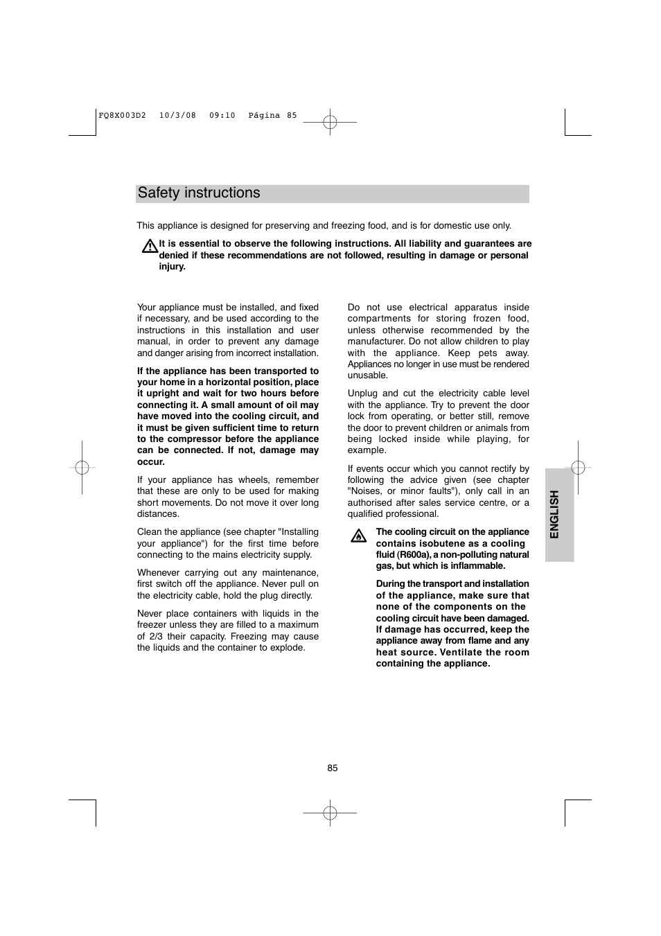 Safety instructions | DE DIETRICH DKP821_823_825_833_837 User Manual | Page 85 / 108