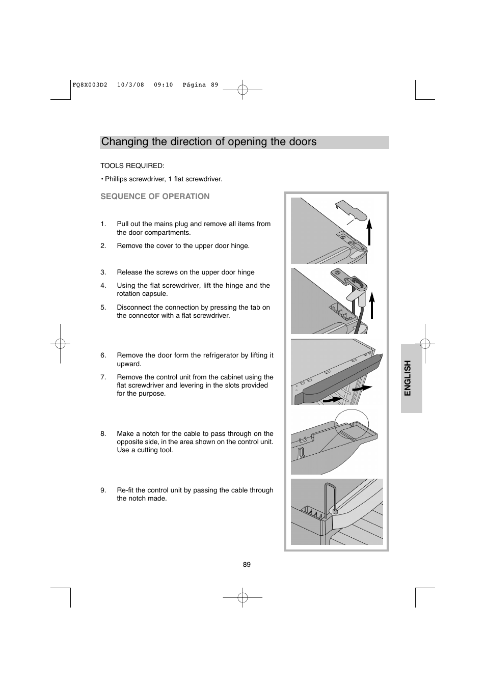 Changing the direction of opening the doors | DE DIETRICH DKP821_823_825_833_837 User Manual | Page 89 / 108