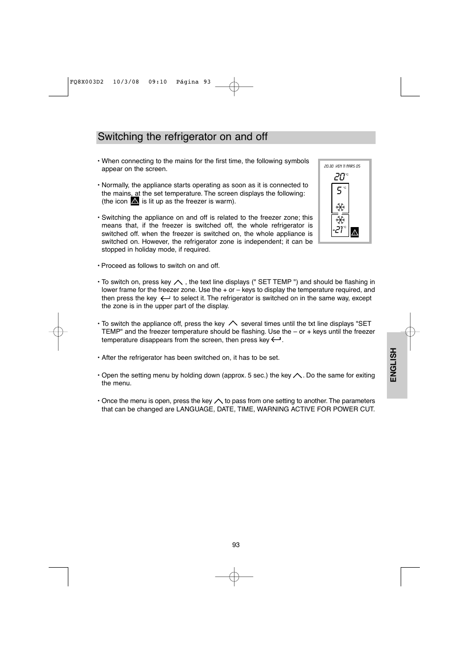 Switching the refrigerator on and off | DE DIETRICH DKP821_823_825_833_837 User Manual | Page 93 / 108