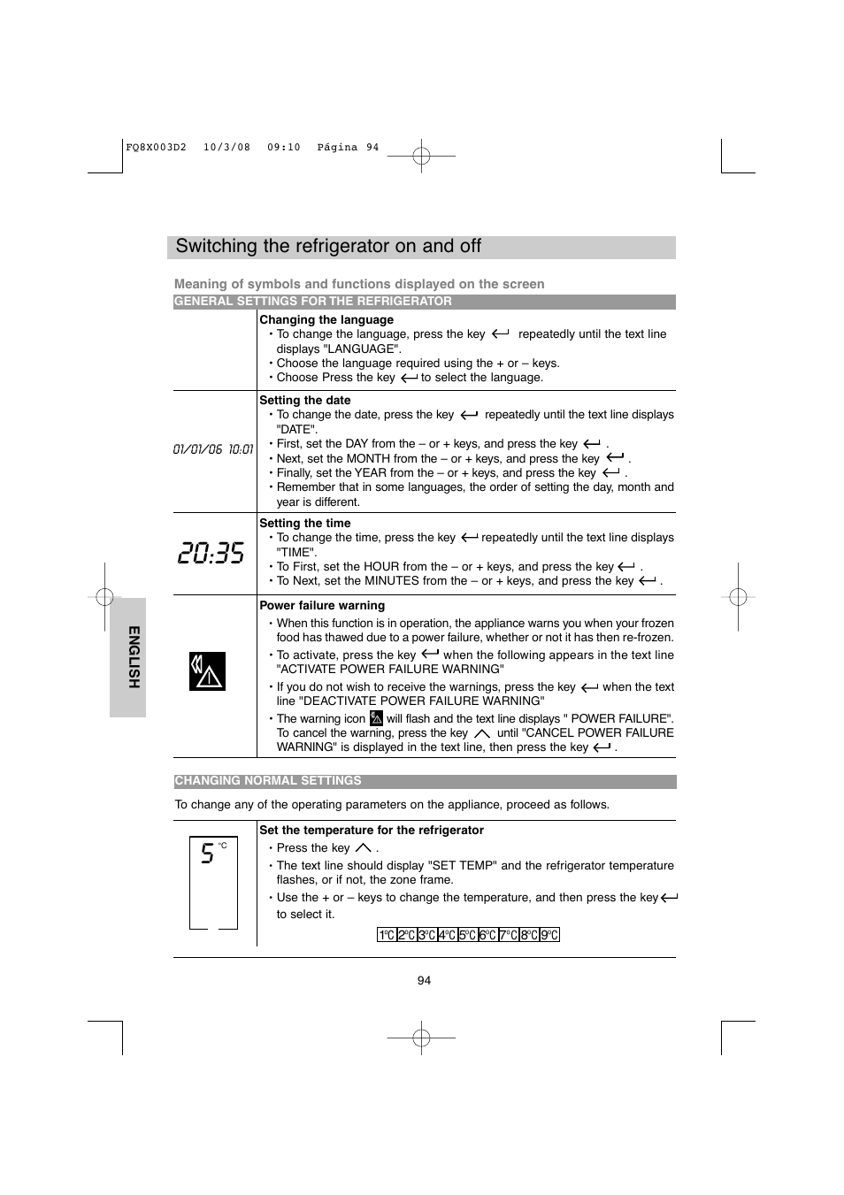 Switching the refrigerator on and off | DE DIETRICH DKP821_823_825_833_837 User Manual | Page 94 / 108