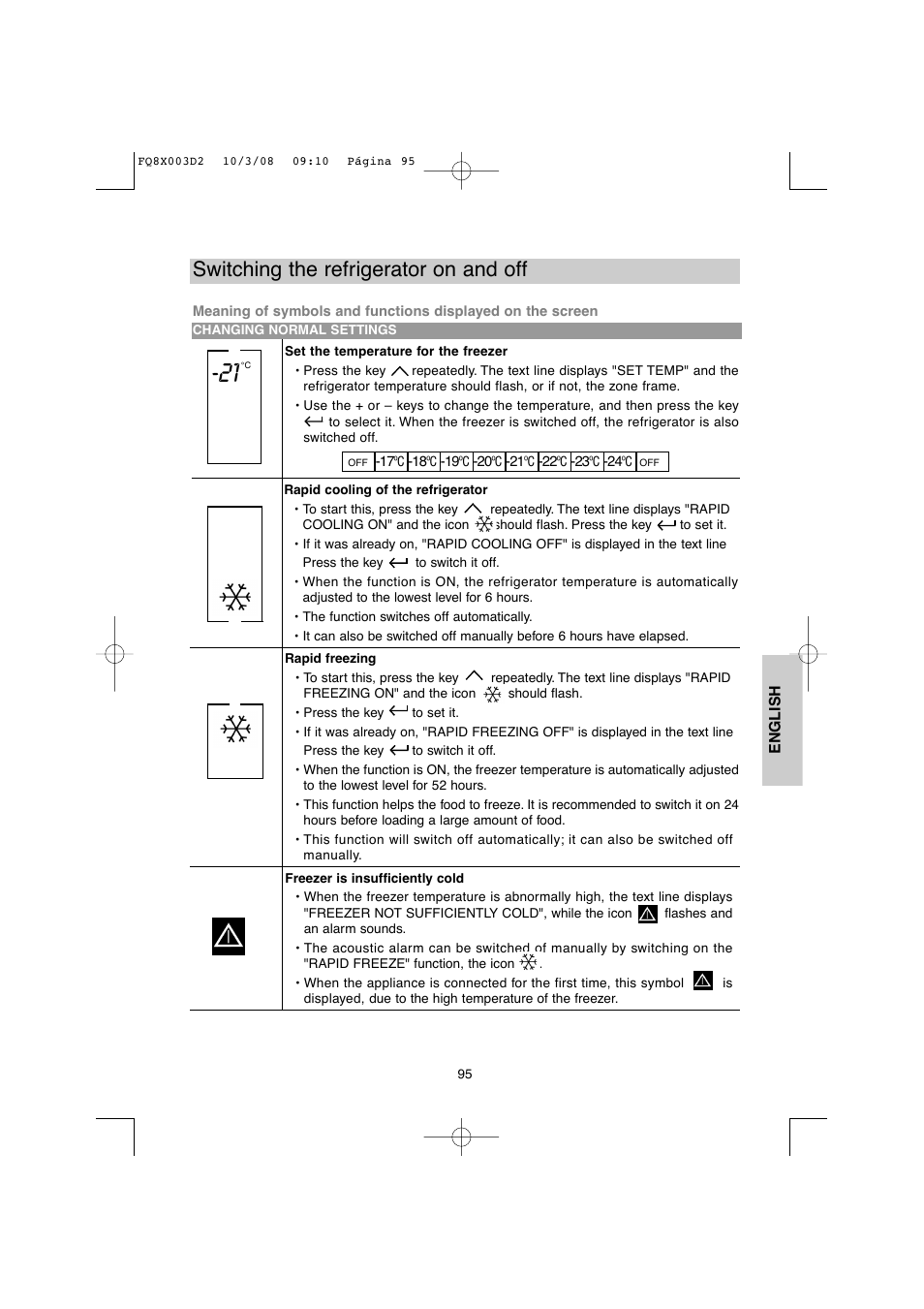 Switching the refrigerator on and off | DE DIETRICH DKP821_823_825_833_837 User Manual | Page 95 / 108