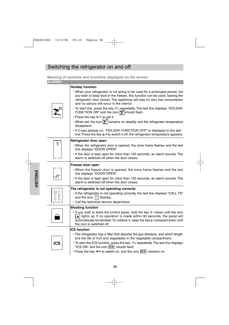 Switching the refrigerator on and off | DE DIETRICH DKP821_823_825_833_837 User Manual | Page 96 / 108