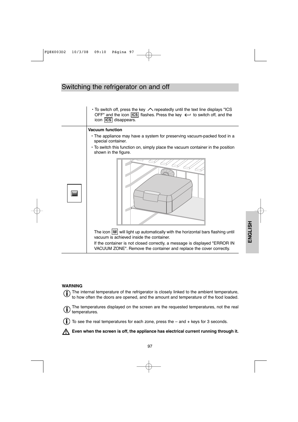 Switching the refrigerator on and off | DE DIETRICH DKP821_823_825_833_837 User Manual | Page 97 / 108